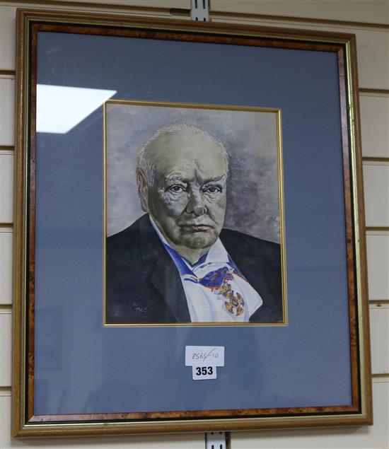 English School watercolour portrait of Winston Churchill, dated 1965, 28 x 23cm.